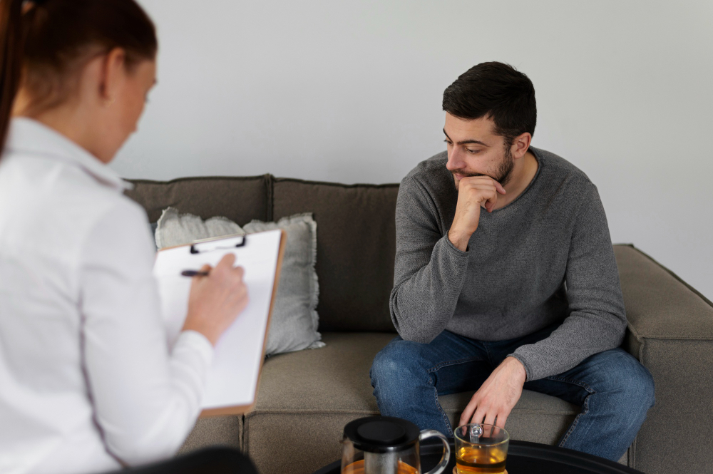 Man speaking with therapist during MDMA addiction treatment in Colorado Springs session
