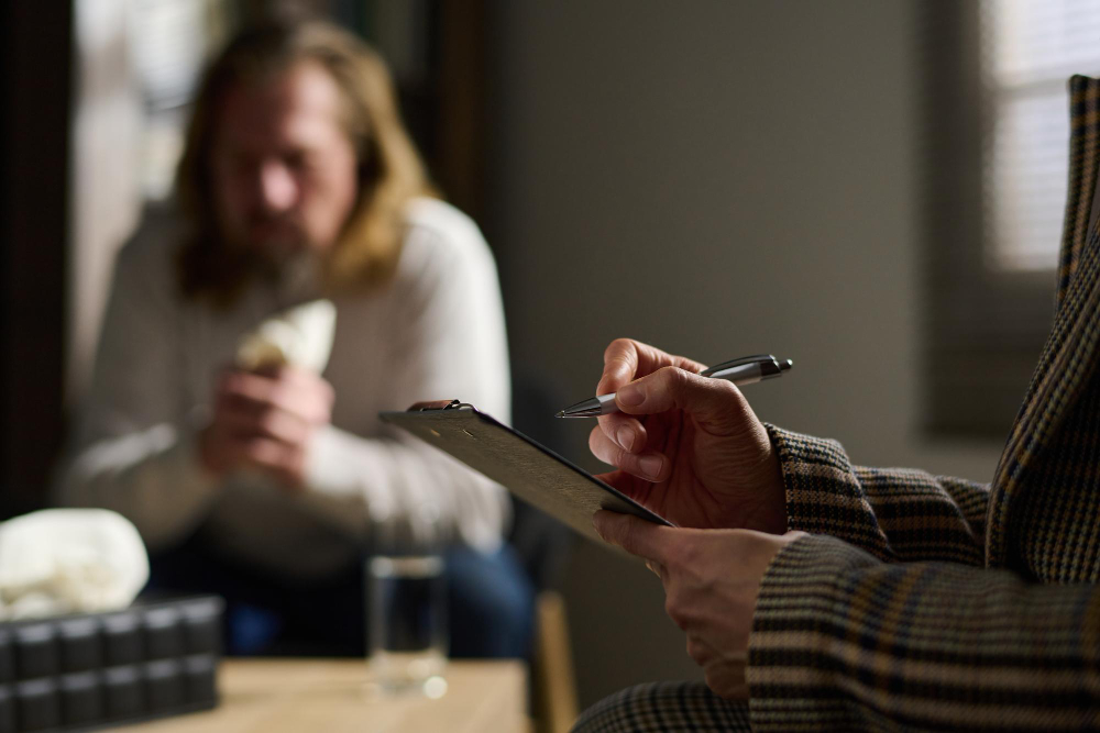 Psychologist taking notes during hydrocodone addiction treatment in Colorado Springs session